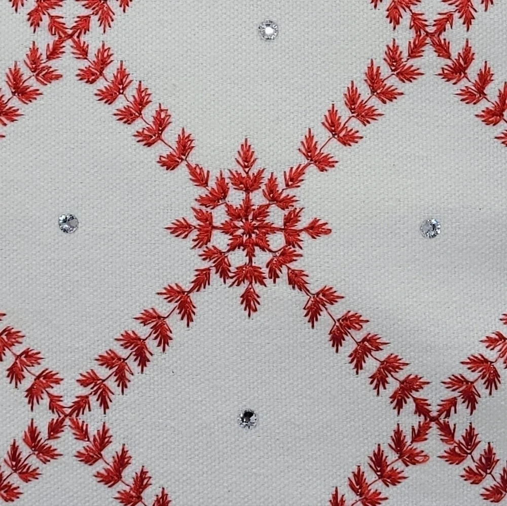 Enchanté Accessories White Red Embroidered Snowflakes Rhinestones Pompom Pillow